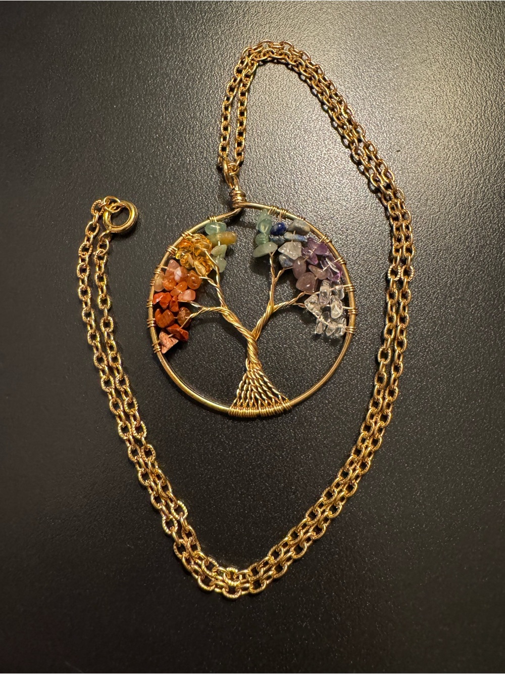 Gemstone Tree of Life Pendant Necklace Jade Quartz Gold Tone 24”
